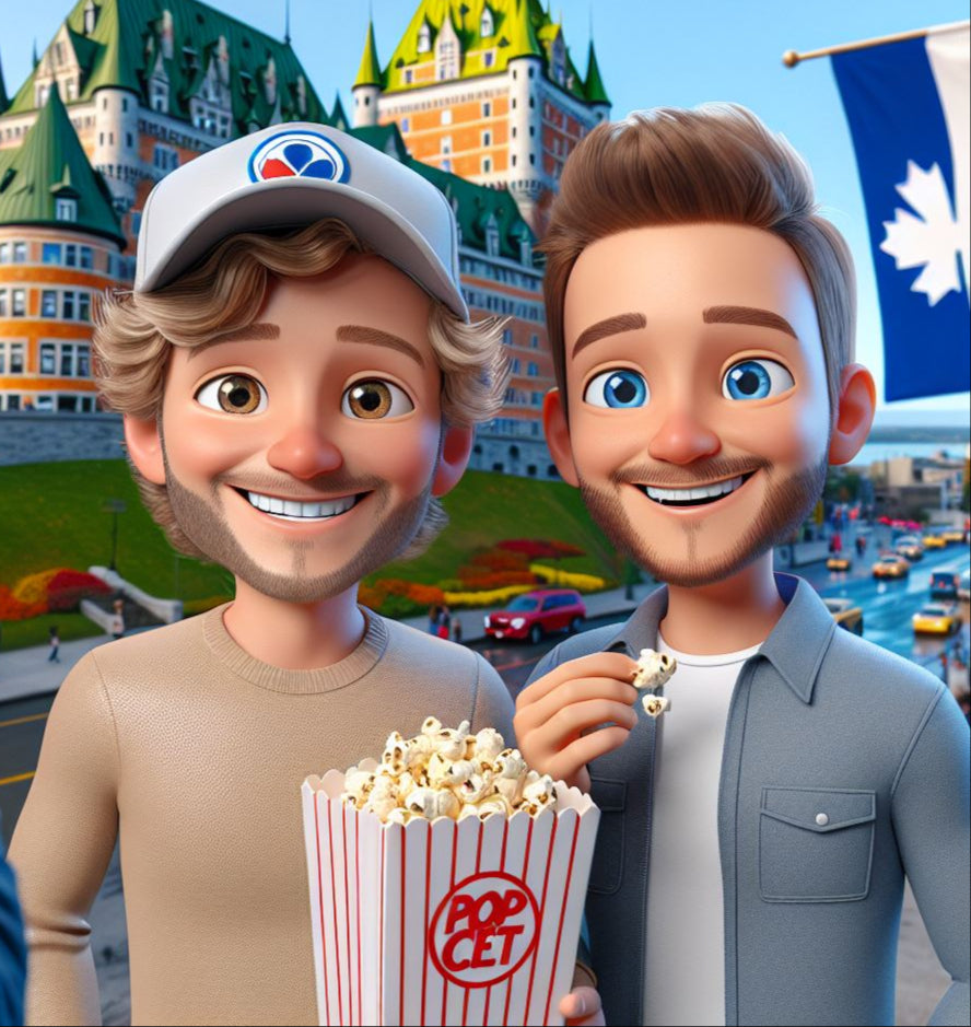 Image représentative des deux fondateurs de Tocopop avec en arrière plan un chateau et un drapeau du Québec, ainsi qu'un ensemble urbain
