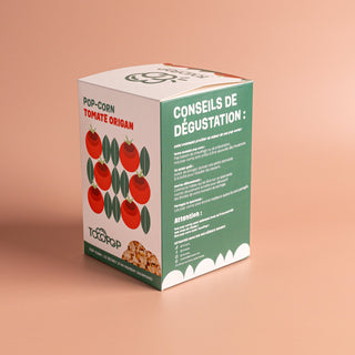 photo de la boite de PopCorn Tomate Origan avec les conseils de dégustation