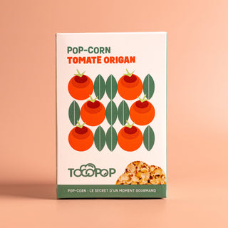 Photo de face de la boite de PopCorn Tomate Origan 